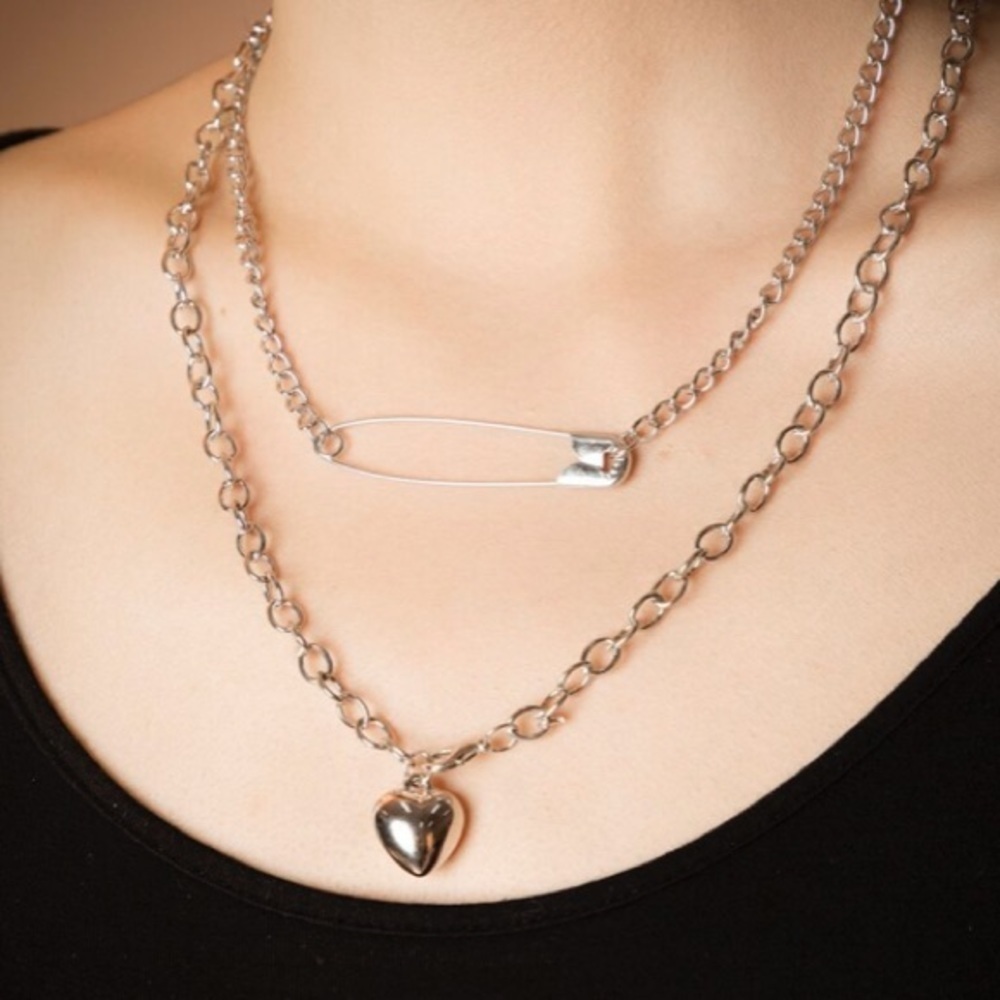 Silver Tone Heart & Safety Pin Necklace